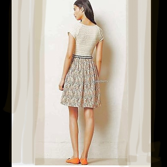 🍓Weston Anthropologie Arcata Beige Dress Feather Print Stretch Top Sz Small M - Picture 2 of 15